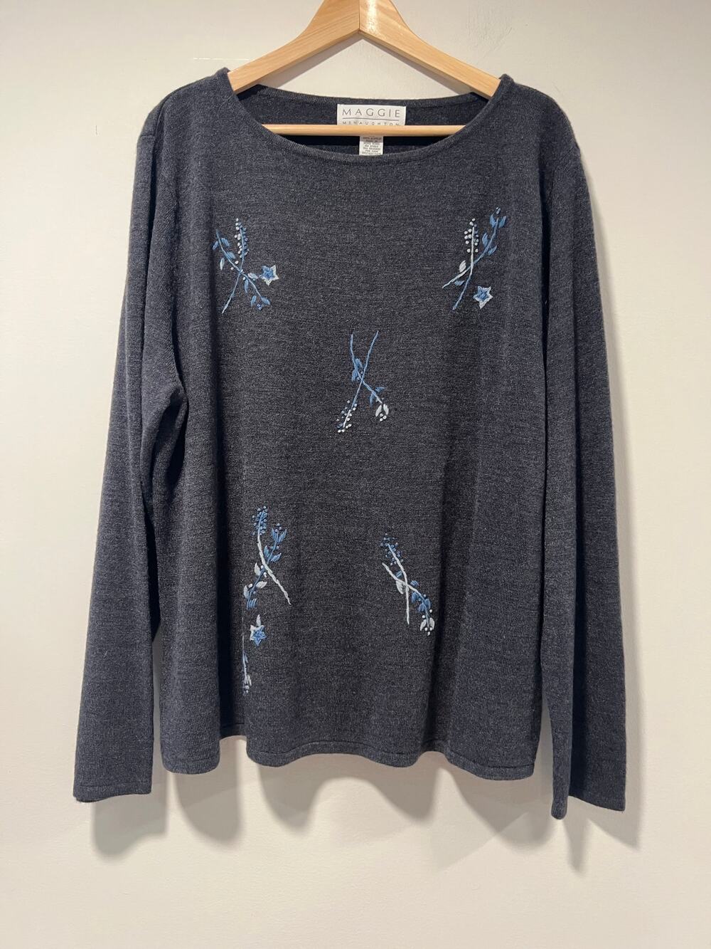 Maggie McNaughton Sweater Floral Embroidery Navy Blue Size 3X JL